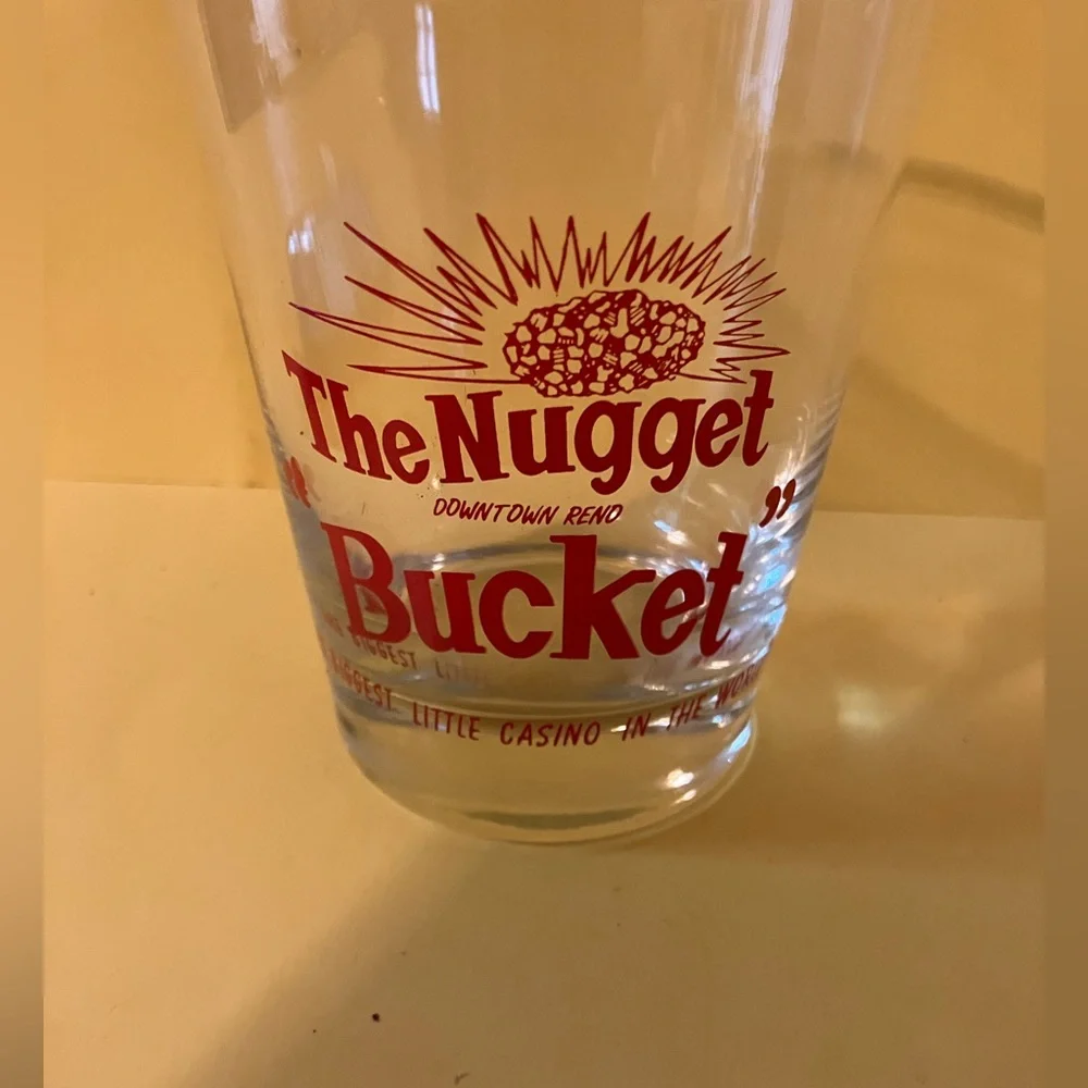 2 Vintage The Nugget Bucket Reno Casino Cocktail Bar Glasses Red Lettering 4.5”